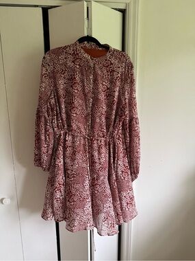 Amazon Women's Long Sleeve Floral Smocked Waist Dress in Burgundy and White